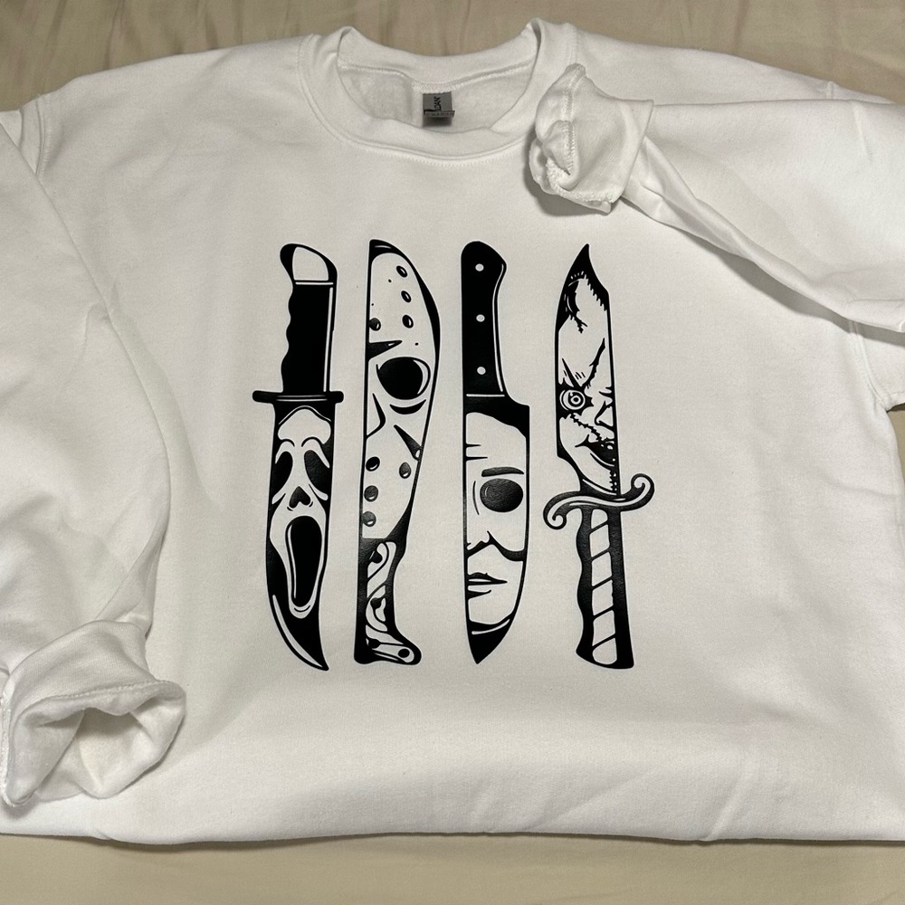 Gildan 18000 Unisex Sweater, Medium, White, Halloween Horror Movie Characters